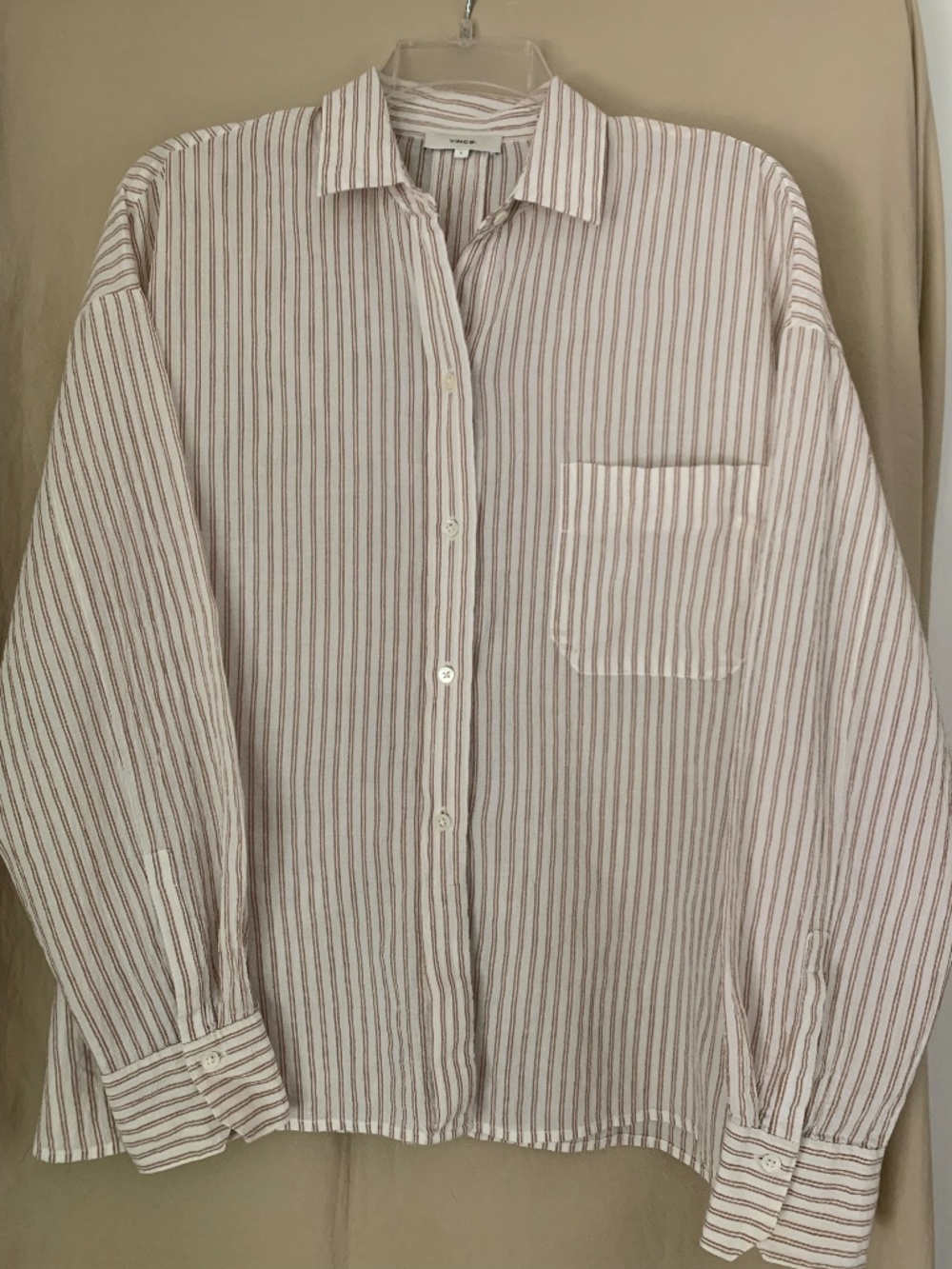 Vince white with tan double bar stripe button down shirt/blouse